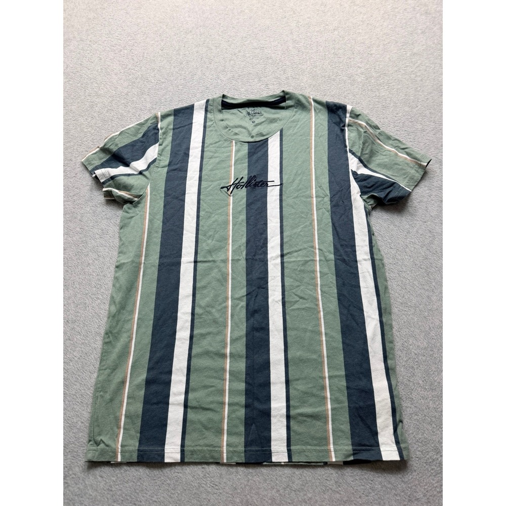 Hollister Mens Medium Vertical Stripe T-Shirt Green Navy Blue Embroidered Logo